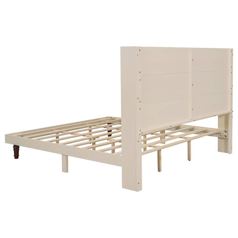 Low Profile Platform Bed High Headboard Wingback Bed with Wood Support