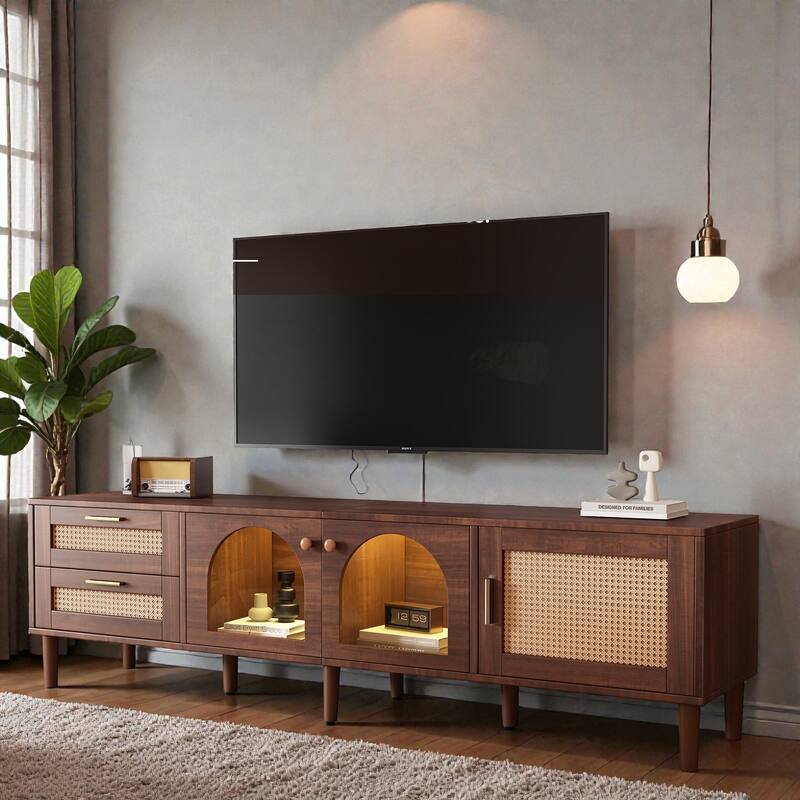 Rattan TV Stand with 3 Cabinets & 2 Drawers, LED Media Console for TVs up to 80'', Modern Storage Entertainment Center