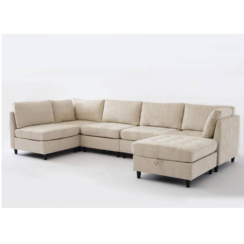 128" Chenille U-Shaped Modular Sectional Sofa with Storage Ottoman, Pocket Spring Support, and 6-Seat Configurable Design