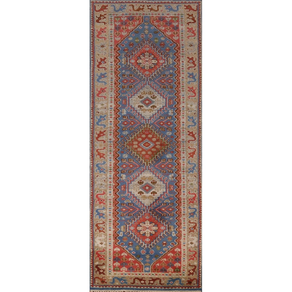 Blue Geometric Heriz Serapi Indian Runner Rug Handmade Wool Carpet - 2'6" x 8'0"