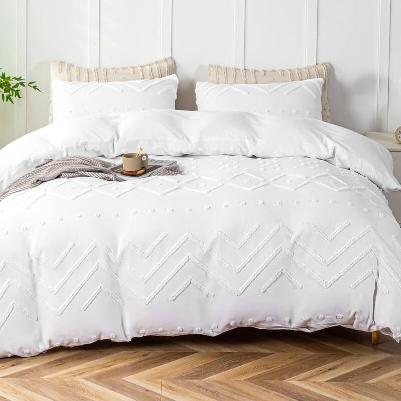 3-Piece Boho Tufted Duvet Cover Set, Textured Duvet Cover and 2 Pillowcases for All Season - White - Queen