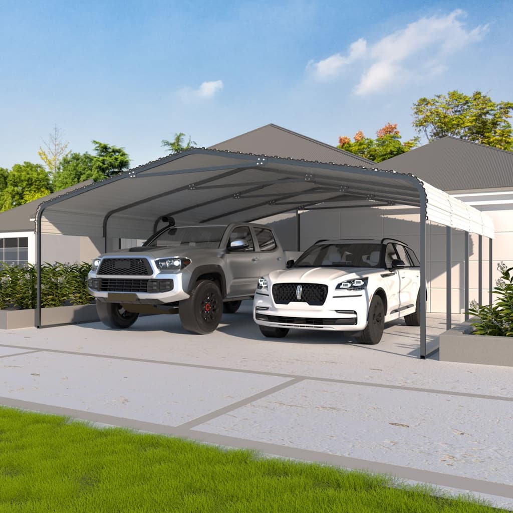VEIKOUS Metal Carport, Heavy Duty Steel Carport Garage and Shelter, White