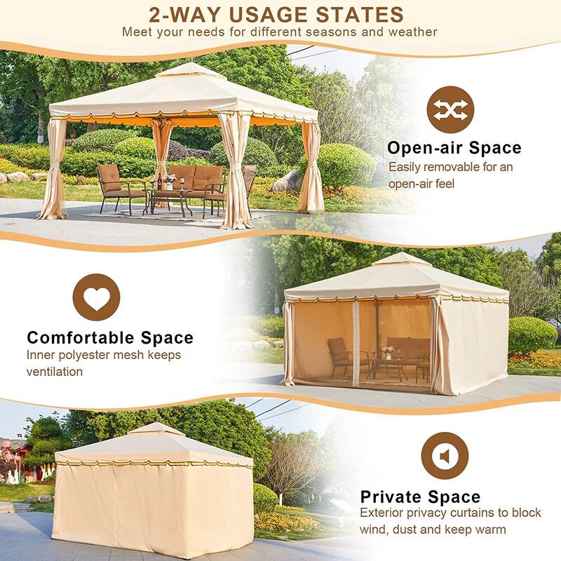 EROMMY Outdoor Canopy Gazebo Double Roof Patio Gazebo with Soft Top, includes Curtains