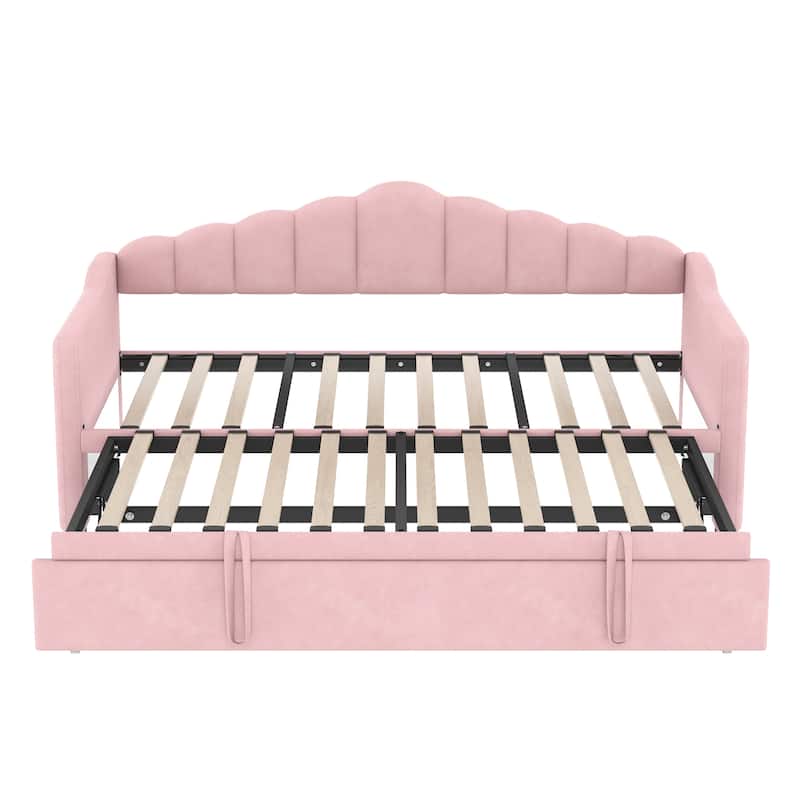 Twin Size Velvet Daybed with Pop-Up Trundle and USB Charging - Storage Side Pockets (No Box Spring Needed)