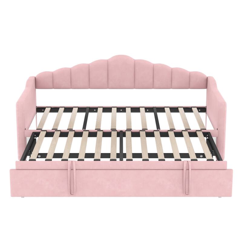 Upholstered Twin Size Daybed with Pop-Up Trundle and Charging Station - Pink - Twin
