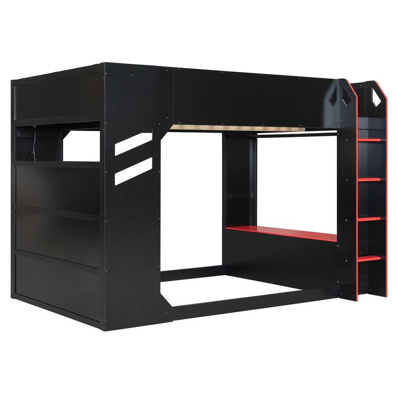 Full Size Wood Loft Bed with Height-adjustable Desk, Drawers,Storage Compartments, Hanging Rod and RGB Lights