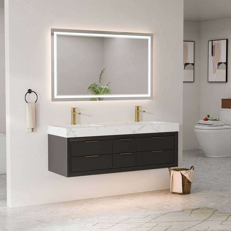 Modland 60" Modern Floating Bathroom Vanity with Double Sink, Soft-Close Drawers, White Stone Countertop