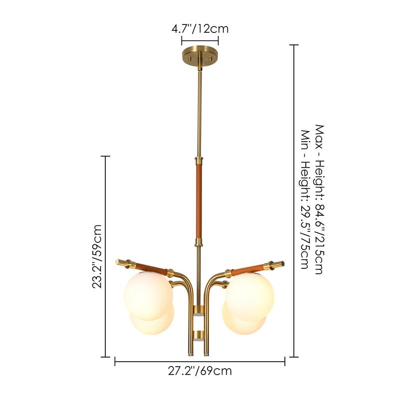 4-Light Mid-Century Modern Gold Linear Sputnik Chandelier with Opal Glass Globe Shades for Living Room, Dining Room, Bedroom