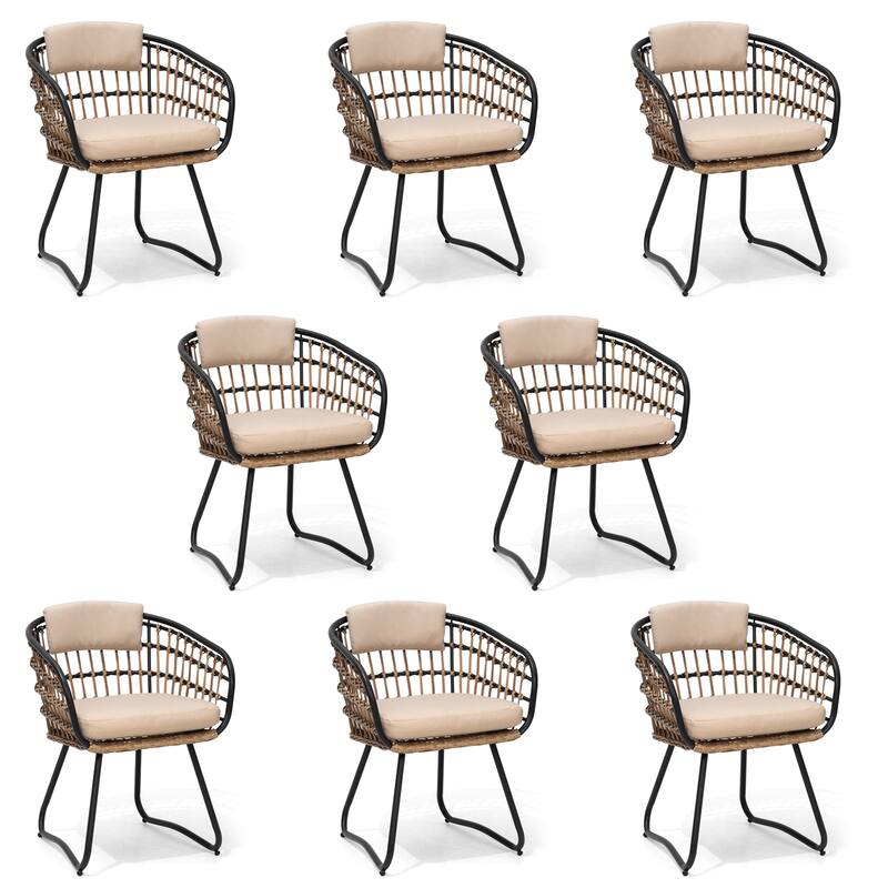 Outdoor Patio Wicker Dining Chairs PE Rattan Seating Set with Cushion - Beige - Set of 8