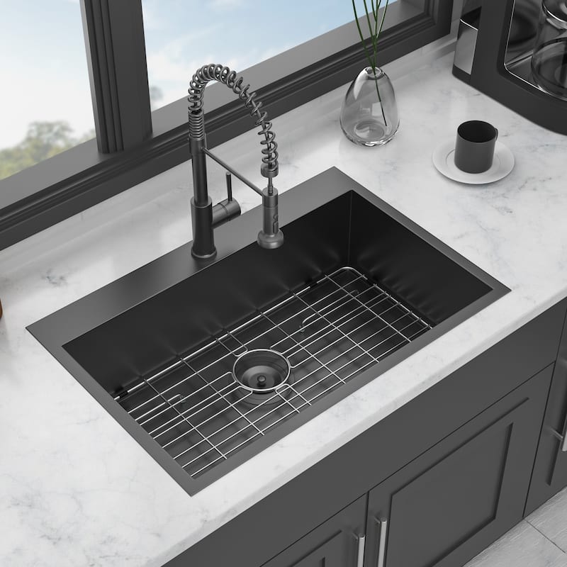 30'' Drop-in Single Bowl 16 Gauge Stainless Steel Kitchen Sink in Gunmetal Black - 33'' x 22'' x 9''