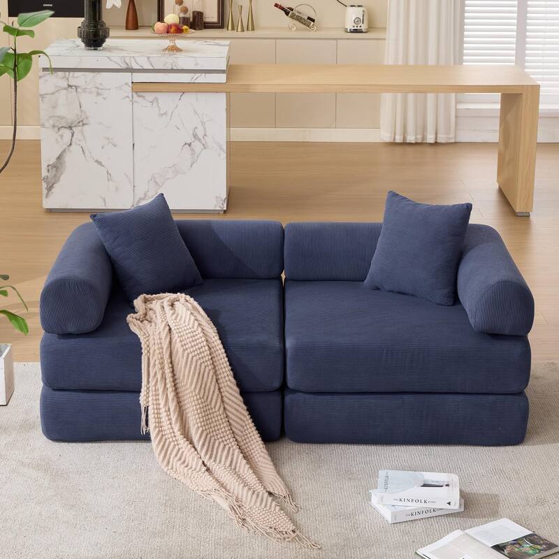 Folding Mattress Lounge Sofa with Corduroy Cushions, Convertible Sofa Bed Sleeper Sofa with Removable Armrests