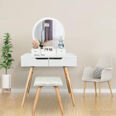 Bedroom Dressing Table with Single Round Mirror & 4 Drawers White