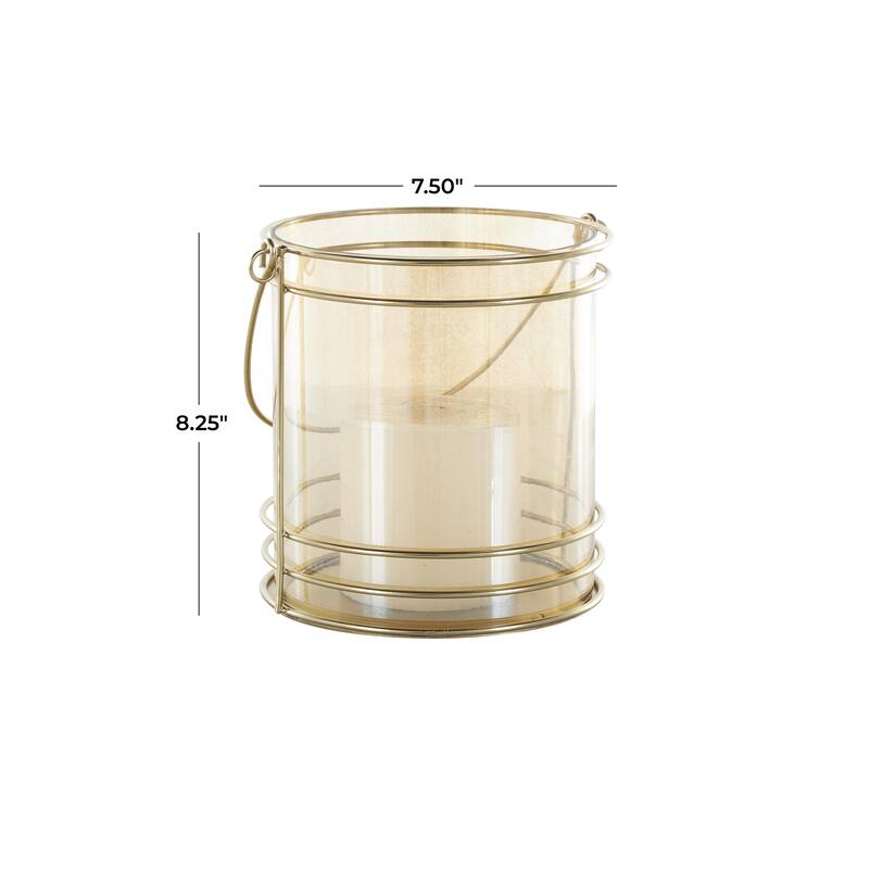 Metal Indoor Outdoor Candle Lantern with Thin Circular Rods and Tinted Glass - Gold - Roche River Decor
