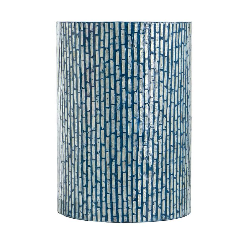 20 Inch Capiz Accent Stool Table, Cylindrical Linear Pattern, Blue, Black