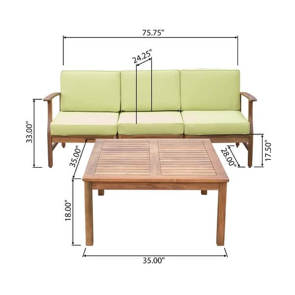 dimension image slide 1 of 16, Christopher Knight Home - Aneska Outdoor 3-Seater Sofa Set with Slatted Coffee Table, Acacia Wood with Water-Resistant Cushions