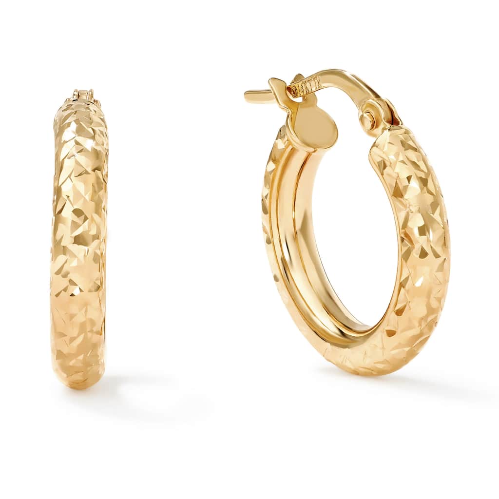 Clover 14K Yellow Gold Diamond-Cut Round Hoop Earrings 3mm (16mm-36mm)