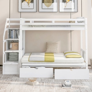 Twin over Full White Wood Bunk Bed with Drawers and Staircase - Bed ...