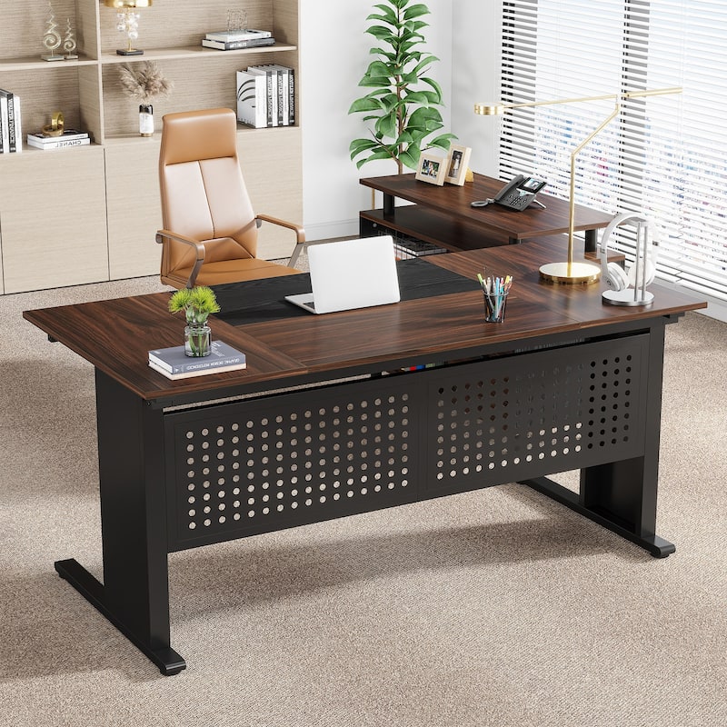 63 Inch Executive Desk with File Cabinet, L Shaped Desk with Drawers and Shelves for Home Office