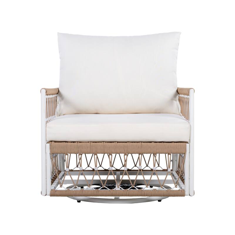 [Set of 2] 360° Swivel Bohemian Outdoor Lounge Chair with Handwoven Rope & Powder-Coated Steel Frame, Waterproof Cushions