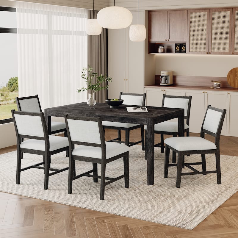 Roomfitters 7-Piece Retro Rectangular Wood Dining Table Set for 6 with Upholstered Chairs, Kitchen Dining Furniture