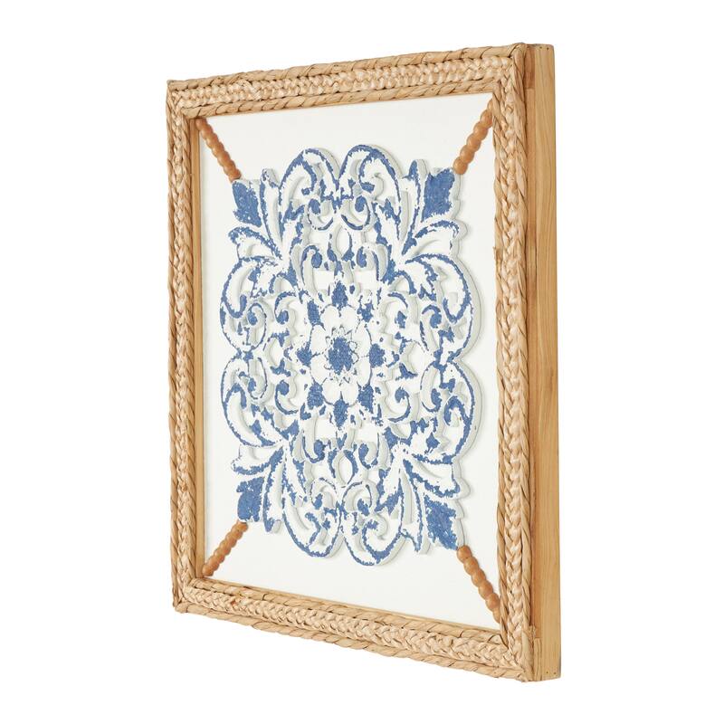 Blue Wood Relief Floral Home Wall Decor with Brown Woven Seagrass Frame and White Backing