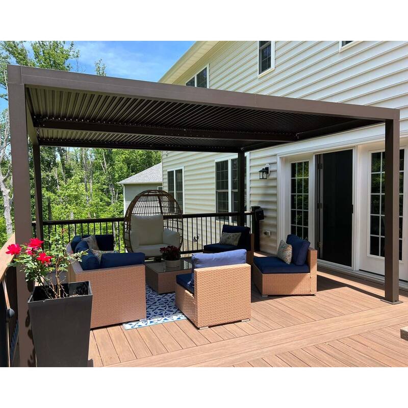 PURPLE LEAF Bronze Louvered Pergola with Adjustable Roof for Deck Backyard Garden Hardtop Gazebo