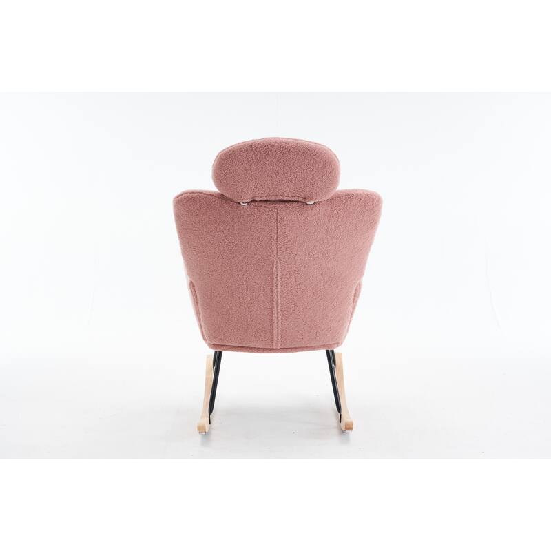 Comfortable Teddy Fabric Upholstered Rocking Chair with High Backrest and Pillows for Indoor Use