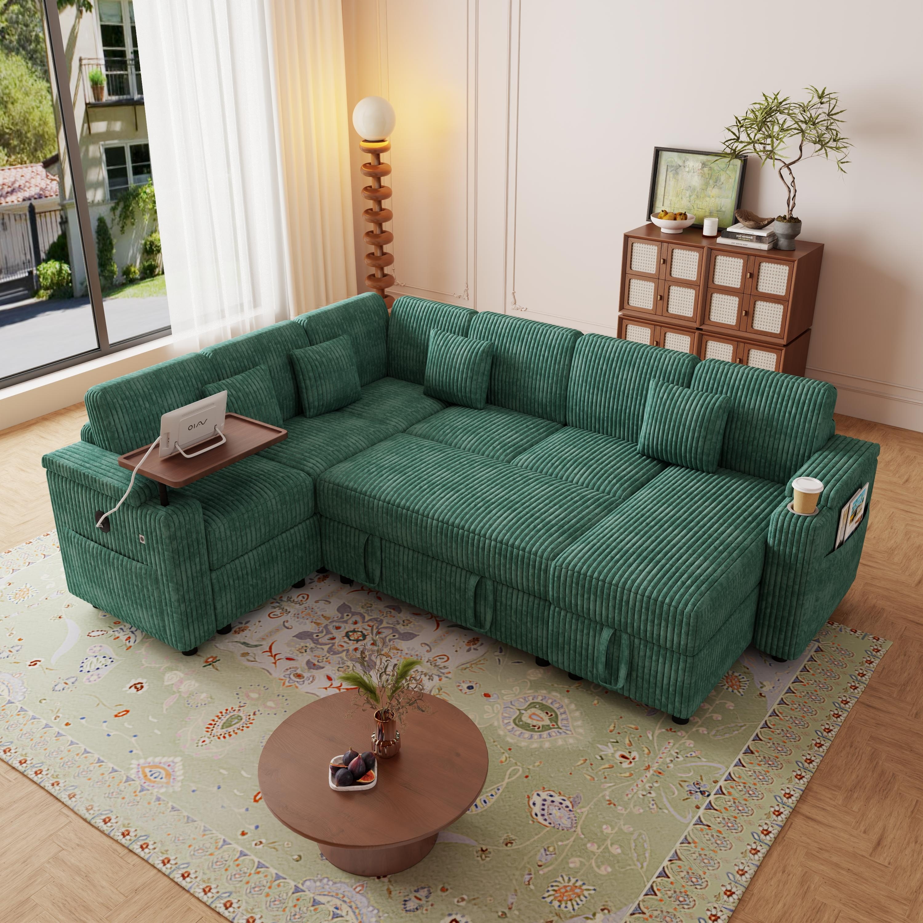 100" U-Shaped Corduroy Sofa Bed, Pull-Out Sleeper Couch with Storage, USB Ports, Cup Holder & Table Board