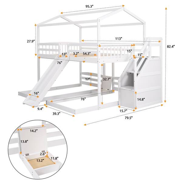 dimension image slide 2 of 3, Solid Pine Wood and MDF Full over Twin & Twin Bunk Bed,Built-in Drawer and Shelf,with Slide and Storage Staircase