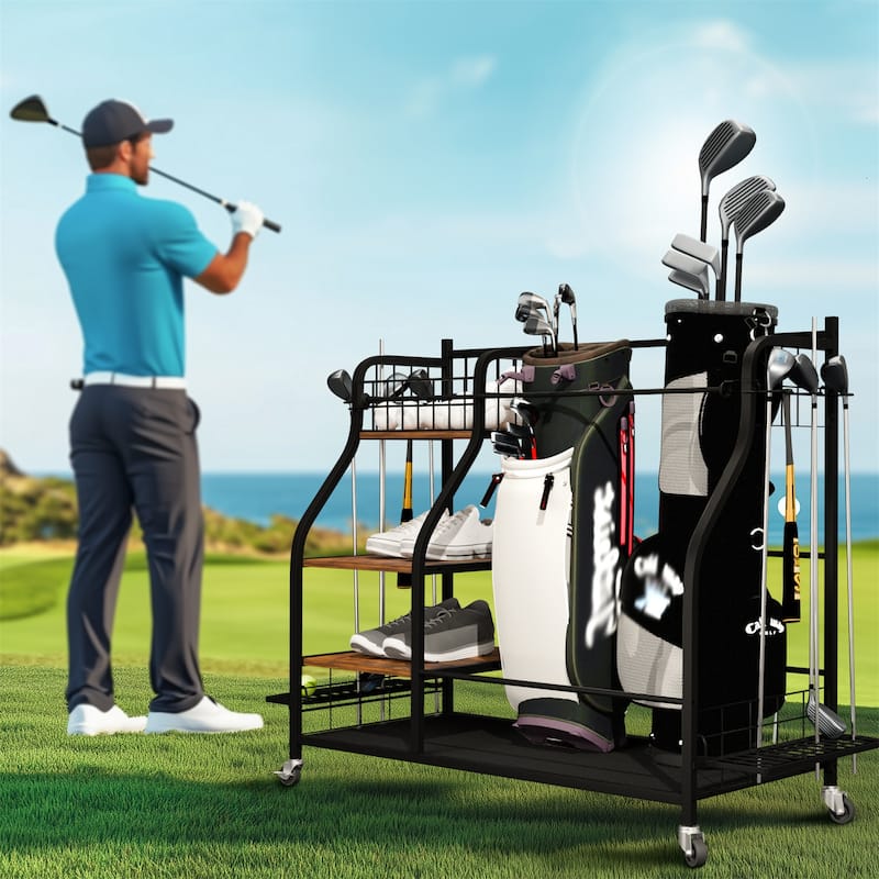 Multifunctional Golf Bags Organizer Rack Rolling Golf Equipment Storage Shelves on Wheels