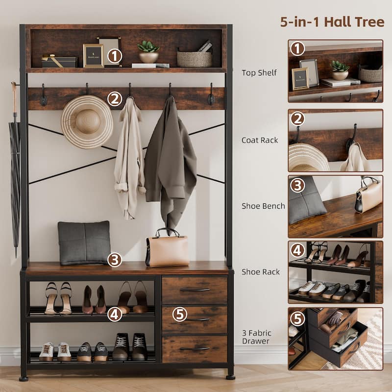 5-in-1Hall Tree Entryway Shoe Rack with 7 Hooks& 3 Drawers