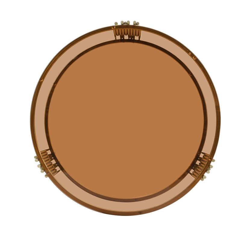 Modern Mirror Coffee Table, Asymmetrical Metal, Circular Metal Drum Base, Gold Finish & Lower Shelf
