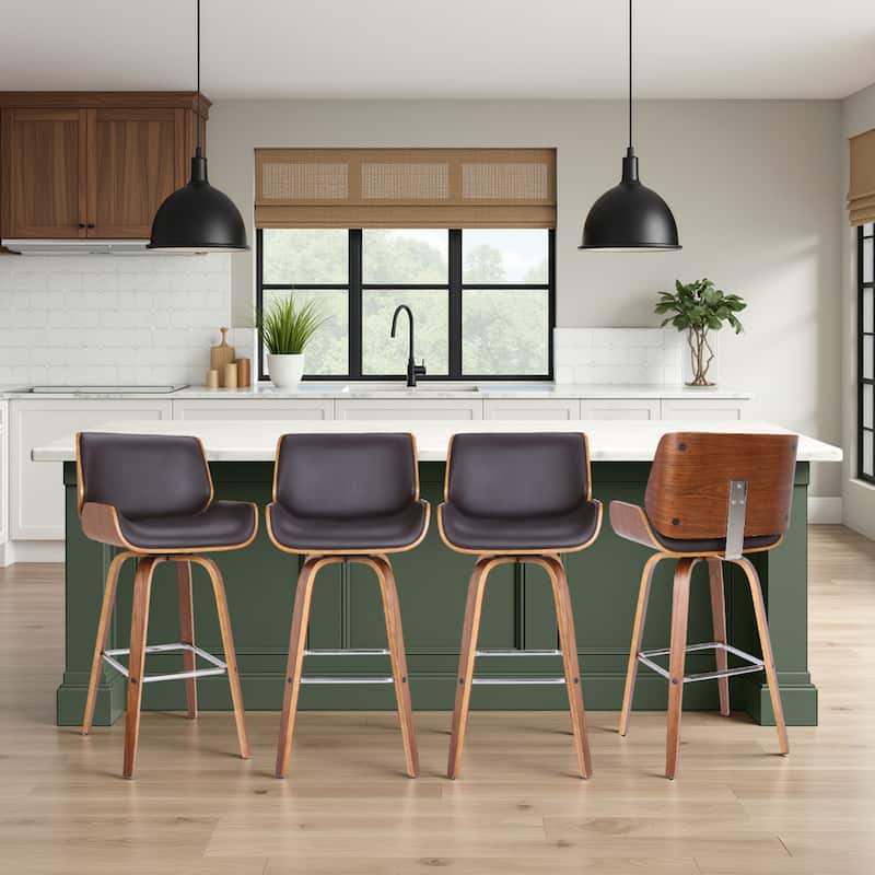 Tyler Mid-Century Swivel Bar Stool, Upholstered Counter Height Chair with Bentwood Legs - Set of 4 - Brown & Walnut - Counter Height