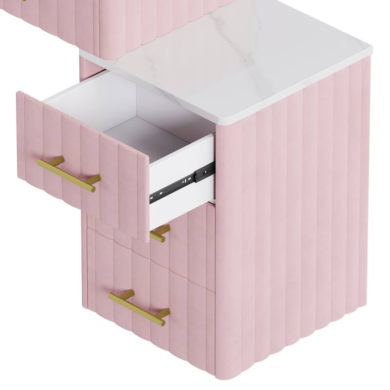Velvet Upholstered Makeup Vanity Desk with 5 Storage Drawers, Marble-Look Sticker Top Dressing Table and Padded Makeup Chair Set