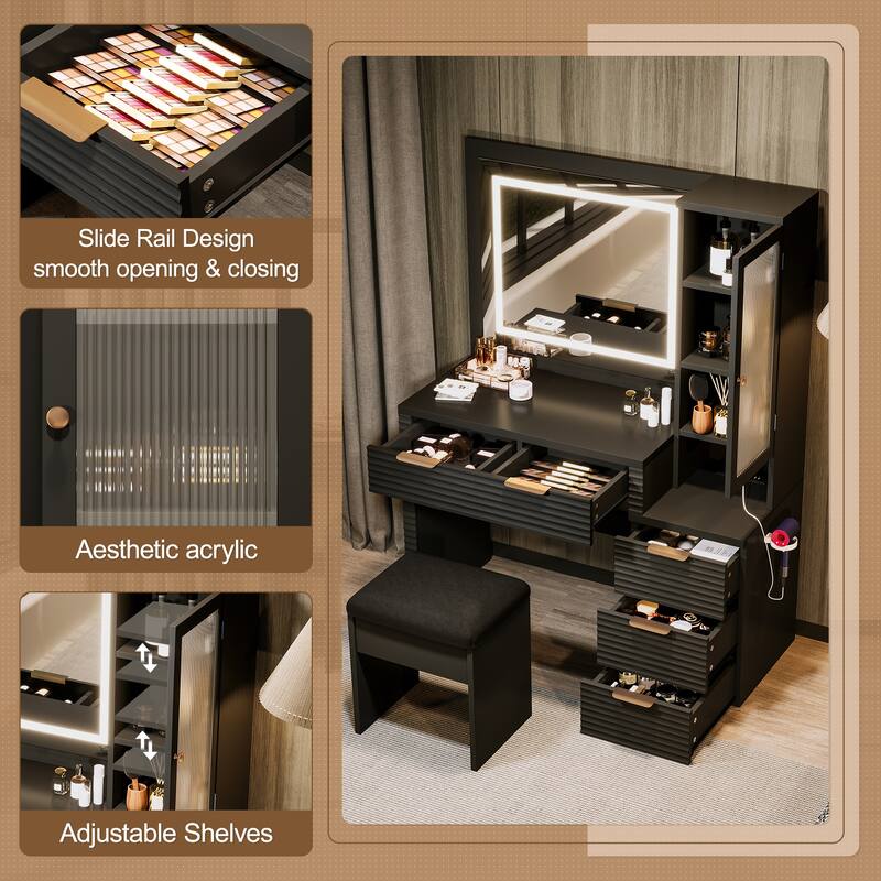 43.5" Makeup Vanity Desk with Lights, Mirror & Charging Station, 5 Drawers & Glass Cabinet with Stool