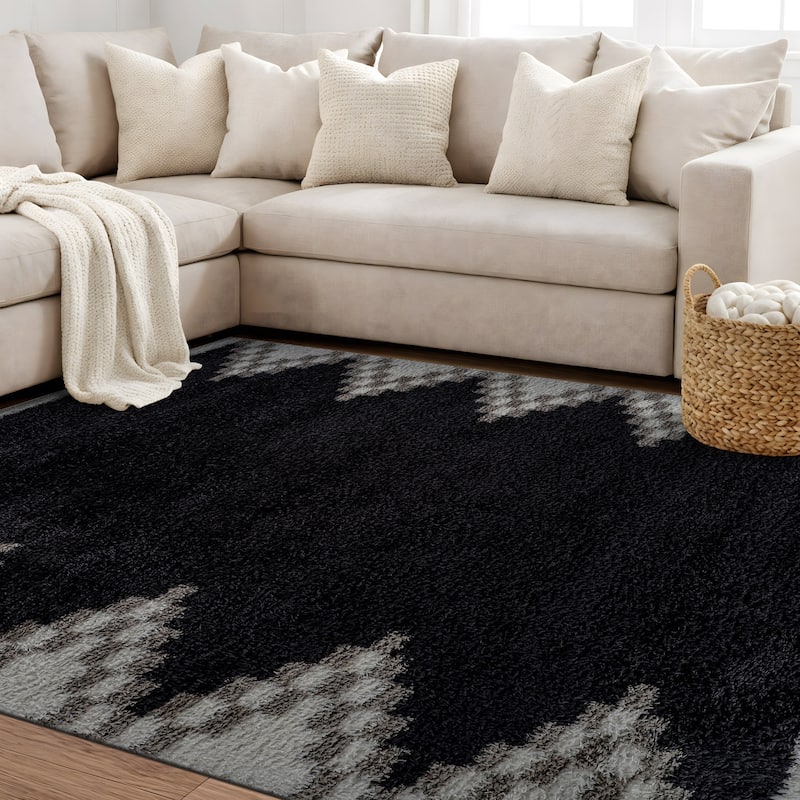 Geometric Shag Rug - Soft & Stylish - Anthracite Dark Gray - Medium Pile, Easy to Clean