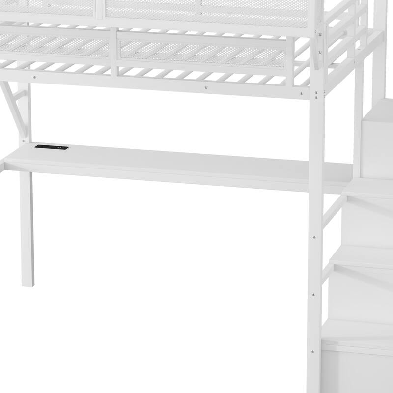 Full Loft Bed with Desk and Charging Station, Full Size Metal Loft Bed with Stairs and Light for Kids Teens