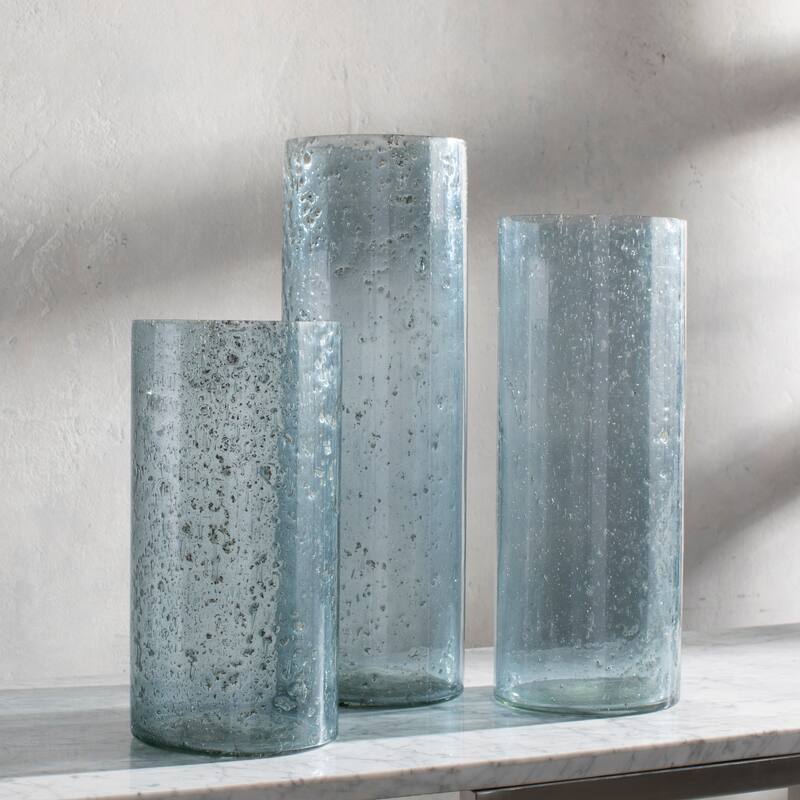 Nebel Modern Glass Hurricane Vase Set (3 Pieces) - 6" x 6" x 18",6" x 6" x 15",6" x 6" x 12" - Blue