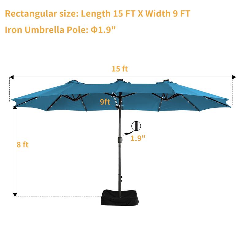 Clihome 15FT Double-Sided Solar Light Market Crank Umbrella with Base