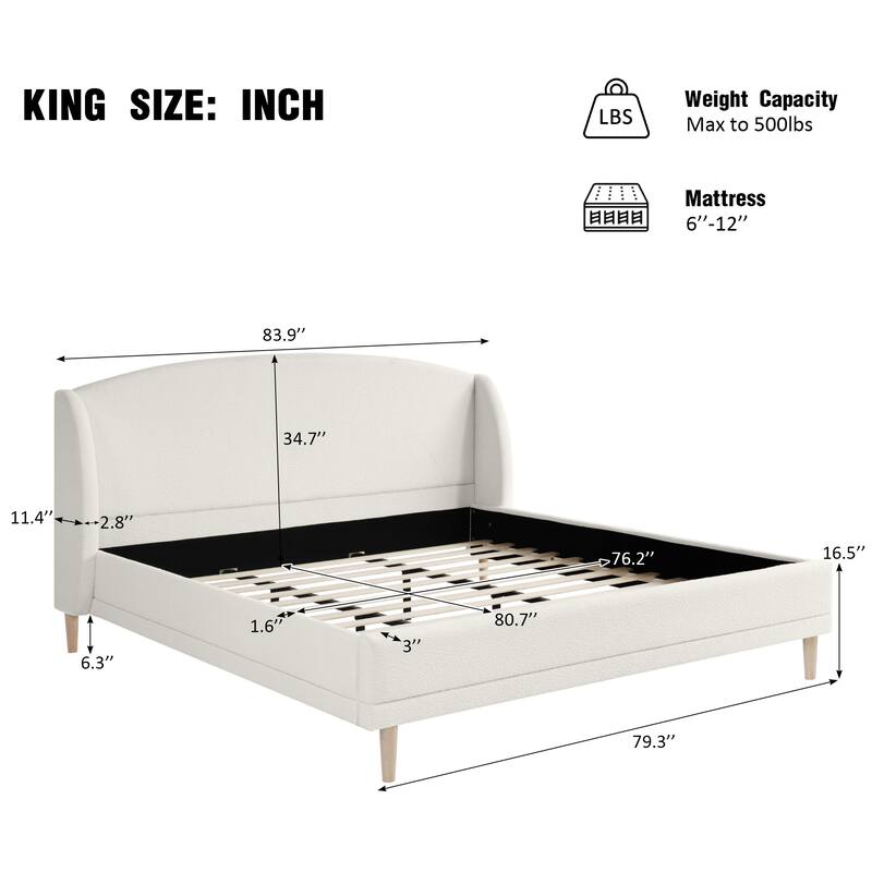 King Size Upholstered Platform Bed with Wingback Headboard, Boucle Fabric, White