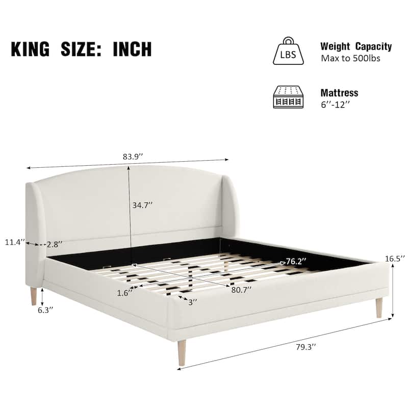White Upholstered Bed Rounded Corners Headboard Boucle Fabric Wingback Bed with Wood Slat and Metal Support Frame, Platform Bed