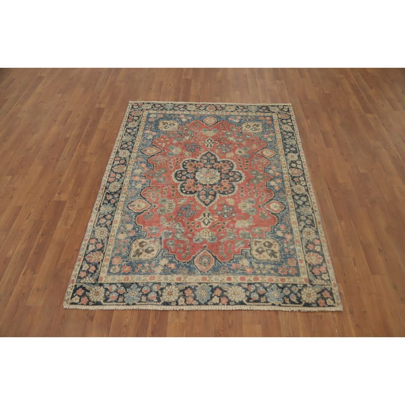 Hand Knotted Oriental 100% Wool Carpet Traditional Floral Coral Tabriz Area Rug - 5' 7'' X 4' 3''