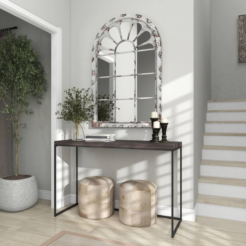 White Metal Window Pane Inspired Room Wall Mirror with Arched Top