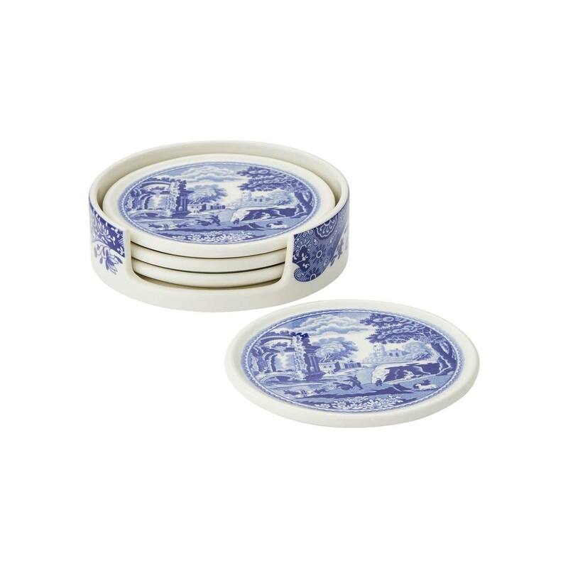 Spode Blue Italian 4 Piece Ceramic Coasters with Holder - Blue/White