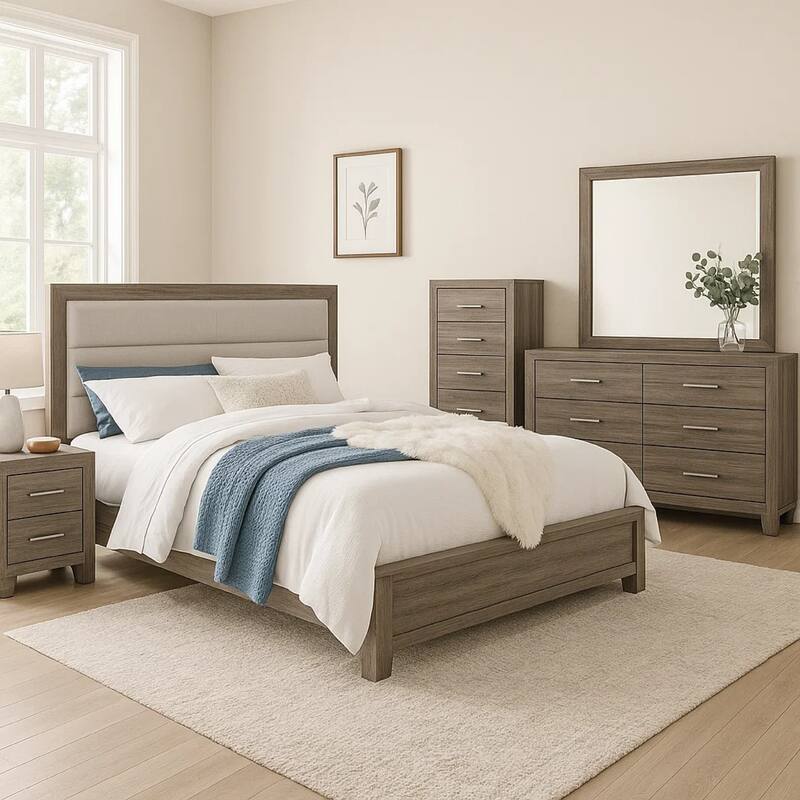 Reay 5 Piece Queen Bedroom Set with Dressers, Upholstered, Gray Brown