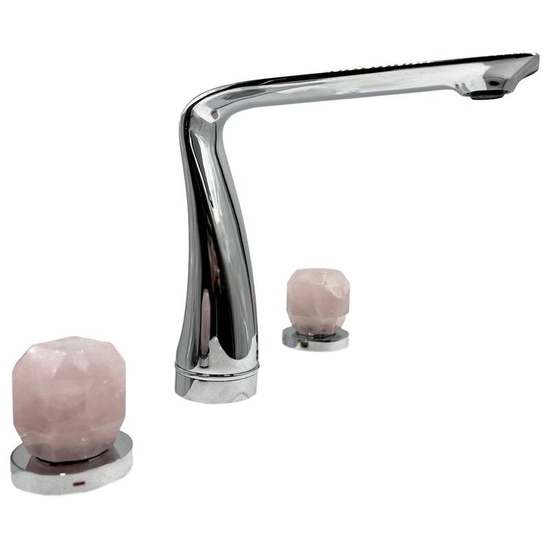 Modern Widespread 3 Hole, 2-handle Bathroom Faucet with Rose Quartz Handles - Chrome