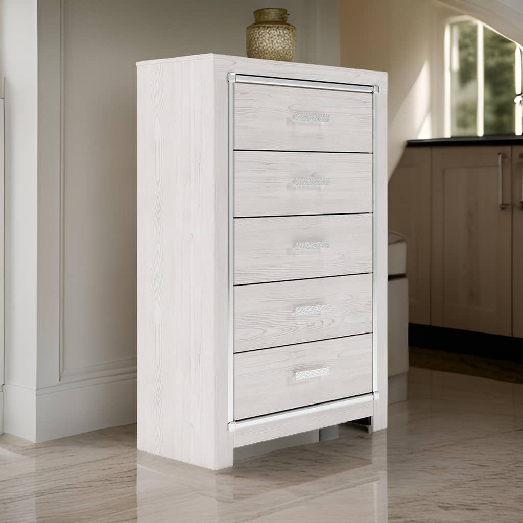 51 Inch Tall Dresser Chest, 5 Drawers, Wood with Pearlized Finish, White