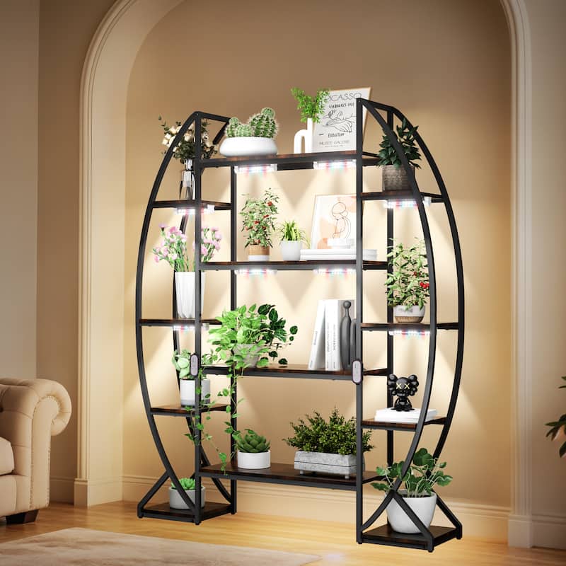 Large Ladder Plant Stand Half-Moon Shaped 8 Tier Plant Shelf - Brown with Light