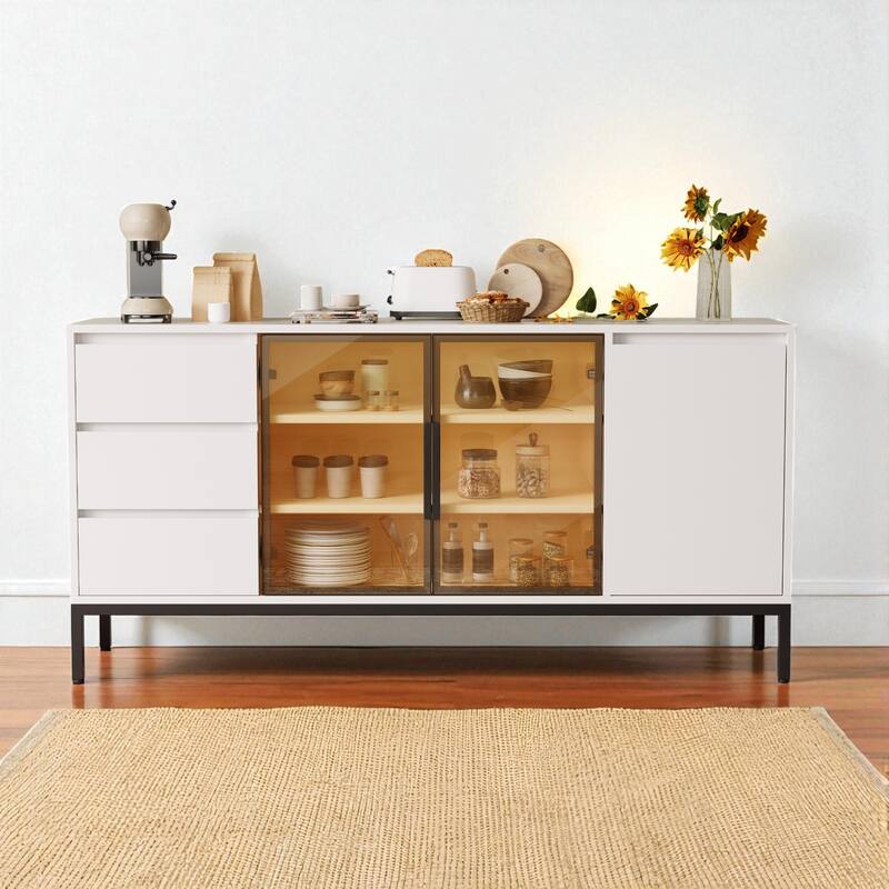Buffet Storage Cabinet with 3 Drawers and Double Doors, Kitchen Sideboard Console for Dining Room. - White