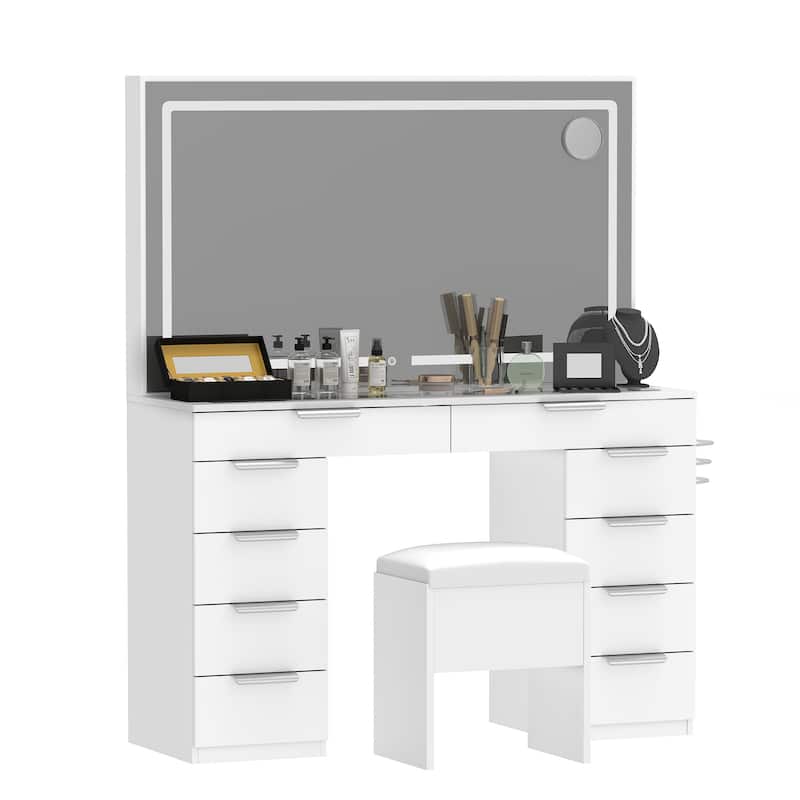 Moasis 55"Black Vanity Desk with Stool Lighted Mirror Makeup Table - White - 11-drawer